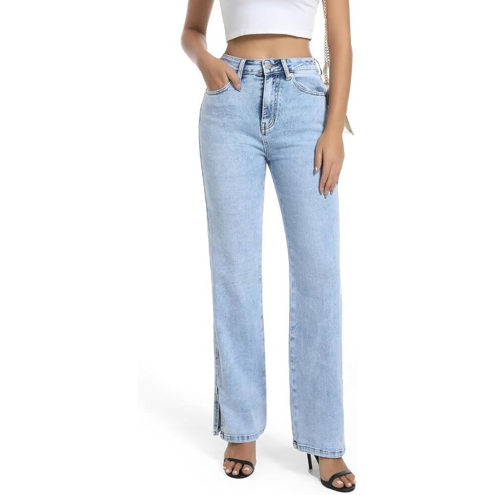Women’s High Waisted Stretch Straight Leg Jeans Light Blue 6